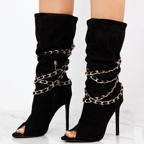 Fashion Peep Toe Gold Chain Ornament Mid Calf Boots Women Half Side Zip Summer Autumn Winter Boots Big Size 43