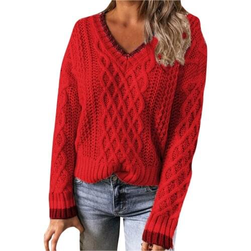 Autumn Winter V-neck Oversized Sweater Women Long Sleeve Casual Loose Pullover Female Cashmere Solid Knitted Red Sweaters