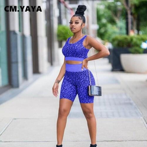 CM.YAYA Women Set Leopard Sleeveless Crop Tanks Tops Stretchy Shorts Two 2 Piece Sets Fitness Sporty Tracksuit Summer Outfits