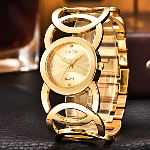 Gold Watch Women Brand XINEW 6438 Full Stainless Steel Bracelet Rhinestone Casual Quartz Wrist Watches Reloje Mujer Marca Luxo