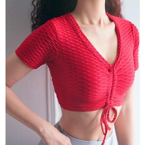 BINAND Sexy Yoga Top Tight Sports Crop Top Drawstring Fitness T-shirt Workout Gym T-shirt V-collar Running Training Short Sleeve