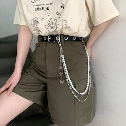 Hip Hop Punk Pearl Metal Pants Chain For Women Hipster Butterfly Pendant Trousers Waist Chain Jeans Keychains Fashion Jewelry