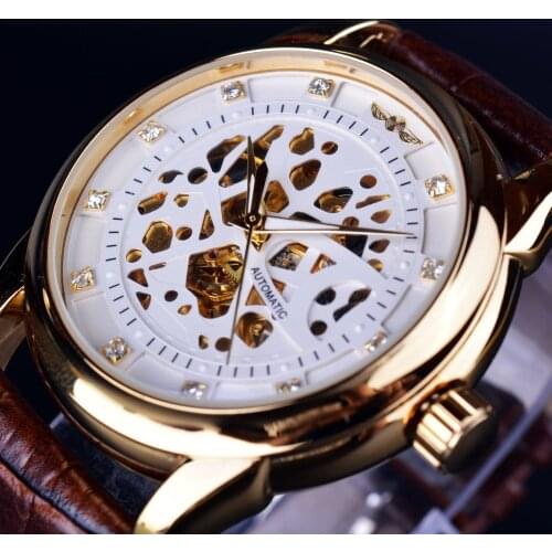 Winner Skeleton Automatic Mechanical Watch High Grade Leather Strap Gold Watch Mens Watch Top Brand Luxury Erkek Saat Male Clock