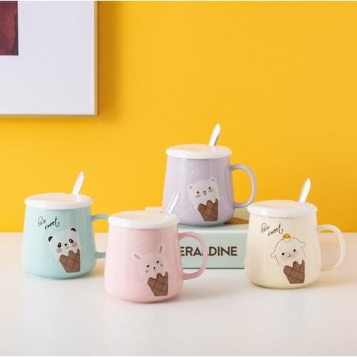Ceramic Tea Cup 400ml Coffee Mugs Milk Breakfast Cups for Girl Gifts Set Office Home Drinkware Cartoon Cup with Lid and Spoon
