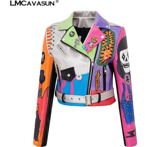 LMCAVASUN 3XL women men rivet beading pu leather jacket hit color streetstyle Graffiti outerwear letters printed leather jackets