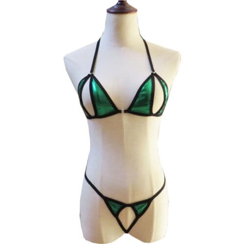 Micro bikini plus size swimwear women swimsuit women biquini bikinis Patent leather Hollow out Shuangpin metal ring String Lace