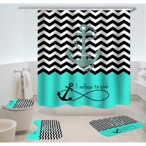 Fashion Anchor Sailboat Print Shower Curtain Bathroom Decoration Hook Shower Curtain Non-slip Bath Mat Toilet Mat Set