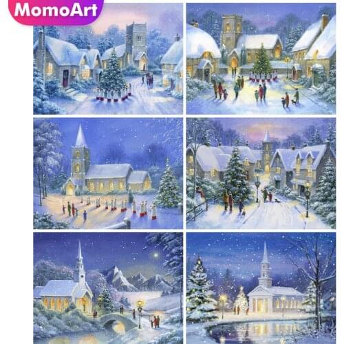 MomoArt 5D DIY Diamond Painting Church Cross Stitch Kit Diamond Embroidery Snow Landscape Rhinestone Art Christmas Decorations