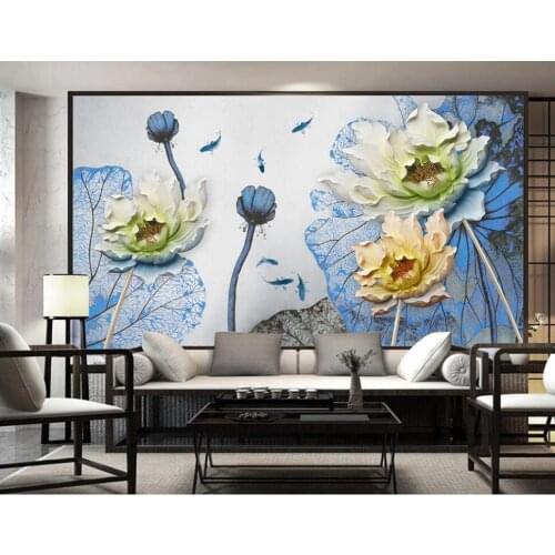 Custom mural wallpaper 3D simple ink lotus flower embossed background wall decorative painting