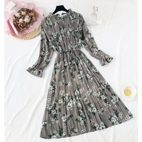 2020 Elegant Women Print Chiffon Dress Long sleeve Lotus leaf collar Pleated Dress Female Casual Midi Dresses vestidos mujer