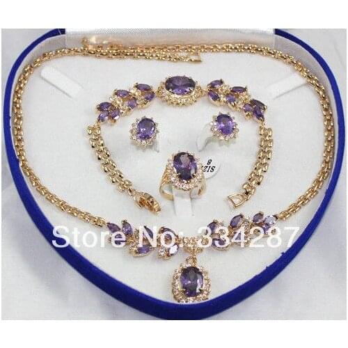Lovely Sets Purple amethysts pendant necklace bracelet earring Stud Ring jade crystal