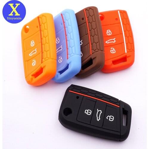 Xinyuexin SILICONE RUBBER KEY CASE COVER FOB FOR VW GOLF 7 MK7 SKODA SEAT 2014 2015 2016 3 BUTTON FLIP KEY BAG SHELL PROTECTOR