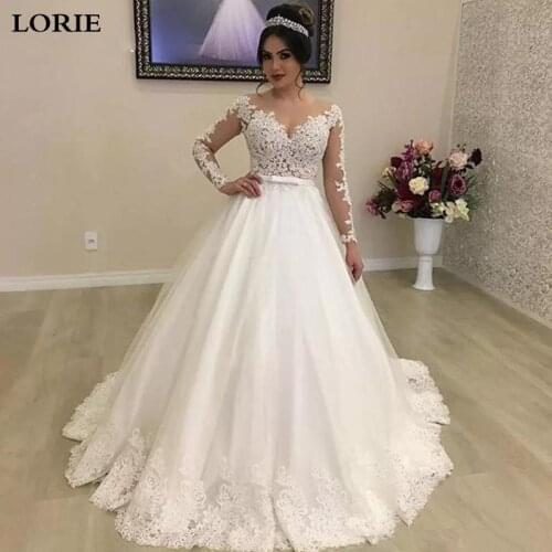 LORIE Princess Wedding Dresses Long Sleeve Appliqued Lace Ball Gown Bride Dress illusion Back vestidos de novia