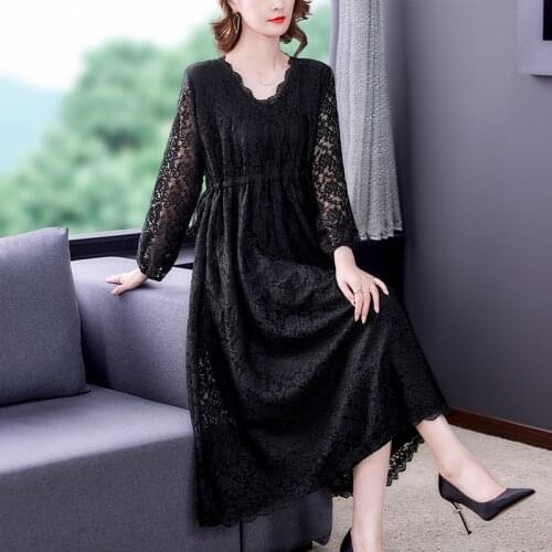 Women Vintage V-neck Lace Hollow Out Sexy Dress 2021 Elegant Bodycon Party Vestidos Spring Autumn Black Long Sleeve Midi Dresses