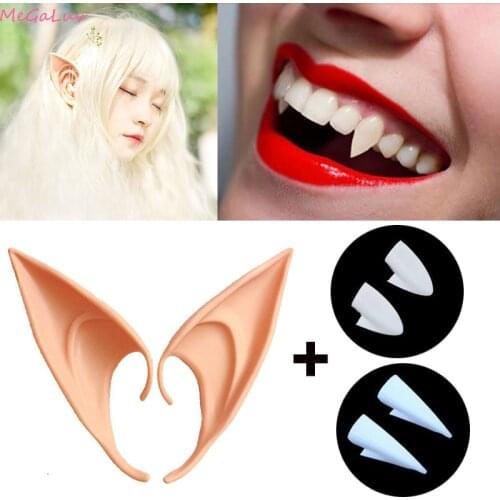 2 Pairs Vampire Teeth Fangs Dentures Props Elf Ears Halloween Costume Props False Teeth Elf Ears Set Party DIY Decor