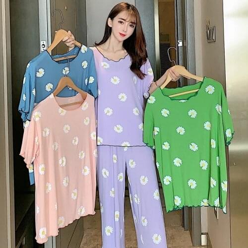 2021 Summer Short Sleeve Modal Print Pajama Set for Women Korean Loose Sleepwear Suit Pyjamas Homewear Pijama Mujer Home Clothes