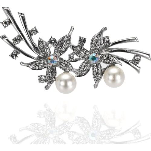 3" Rhodium Silver Plated Grey Pearl Bunch Flower Rhinestone Crystal Large Bridal Brooch