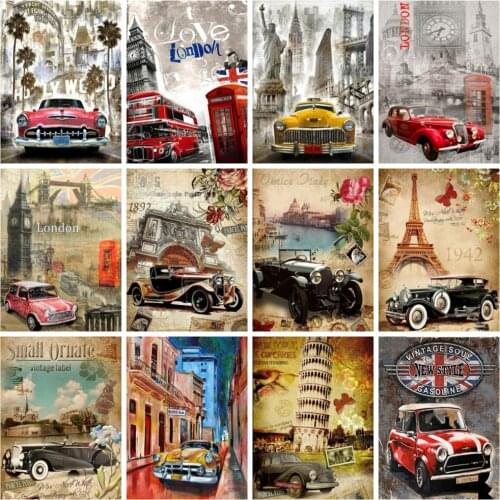 Huacan Diamond Art Painting Mosaic City Car Scenery Square/round Diamond Embroidery Building Landscape Decor Home