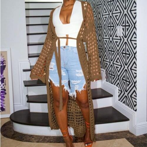 Hollow Out Knitted Cardigan Women Spring Autumn 2021 Long Sleeve Ribbed Straight Sweater Cotton Coat Crochet Femme With Belt