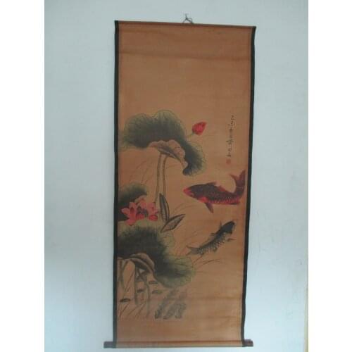 Home wall decoration painting ,Chinese old paper scroll painting Qi bai shi " 2 fish" animal Painting