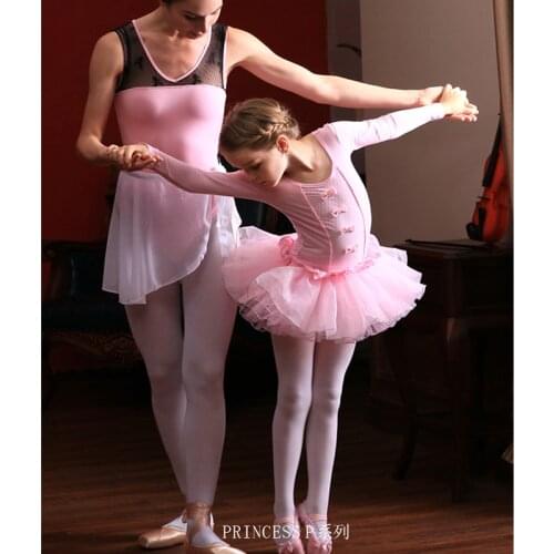 Pink Cotton Ballet Leotards Long Sleeve Kid Children Ballet Tutu Girls Round-neck Tutu Dress Dance Ballet Dance Dress