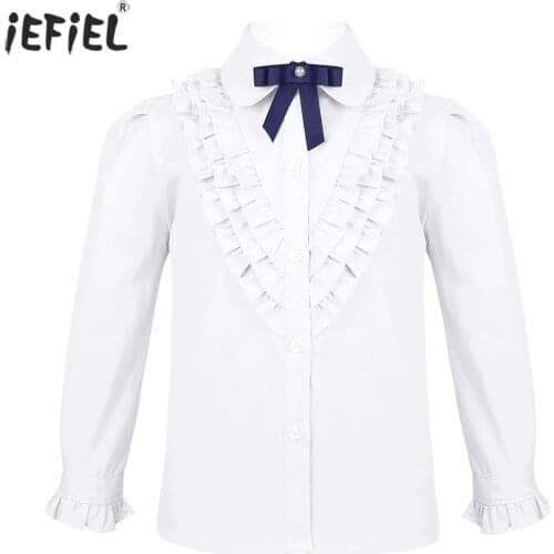 Cute Kids Girls Blouse School Uniform Turn-Down Collar Bowknot Ruffled Front Baby Blouse Long-Sleeved Buttons Closure Shirt Tops