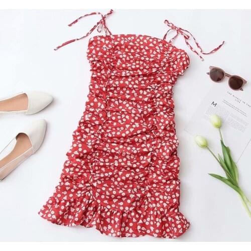 DOUJILI Sweet Red Dress Sleeveless Backless Small White Flower Printing Midi Dress For Fashion Women Party 2021