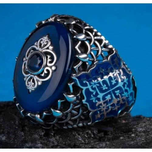 Blue Stone 925 Sterling Silver Mens Ring Blue Ring for Men Fashionable Chic Silver Ring