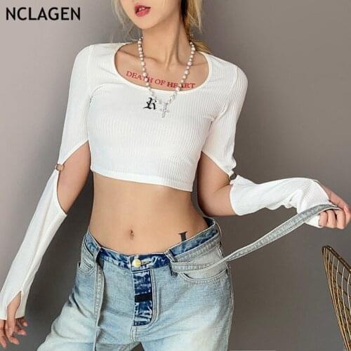 NCLAGEN Letter Print Cut Hollow Out Fashion Patchwork Long Sleeve T Shirt Slim Fitness Casual Crop Top 2021 Knitted T-shirts