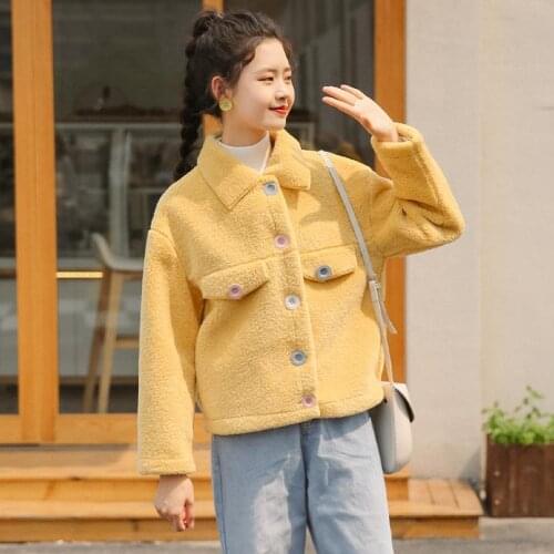HSTAR 2020 New Sweet spring Autumn Women Faux Lamb Short Coat Korean Loose Lapel Elegant Single-breasted Plush Jackets Female