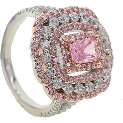 New big baguette cz eternity band finger rings two tone color white pink cz flower wedding engagement ring for women jewelry