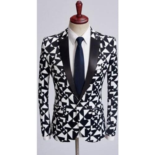 Black and white printing clothes men suits designs masculino homme terno stage costumes for singers jacket men blazer dance
