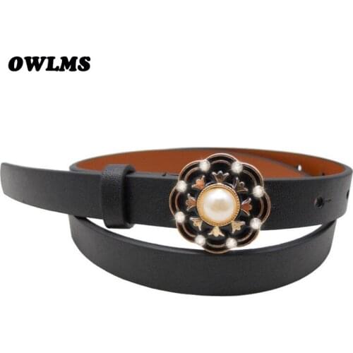 High Quality Leather Slim Belt small Fashion Women Skinny Leather Waist Strap Brown Black Thin Belts enamel flower pearl buckle