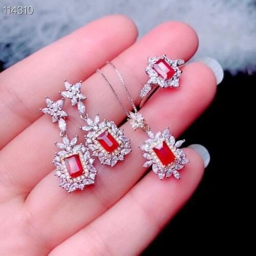 The Best Wedding Gift Ruby jewelry set Natural Real Ruby 925 sterling silver 1pc Ruby pendant,1pc ruby ring,2pcs ruby Earring