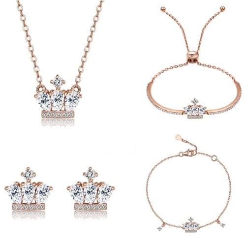 SILVERHOO 925 Silver Jewelry Sets Earrings Bracelet Bangle Necklace Rose Gold Shinning Zircon Women Engagement Wedding Jewelry