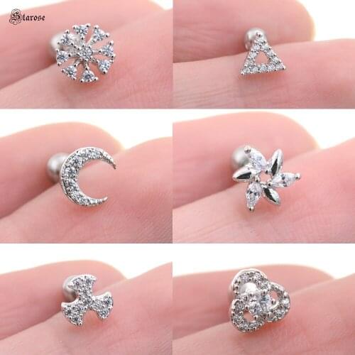 Starose 1pc 18G Rod Crystal Snowflake Moon Ear Ring Studs Pearl Helix Piercing Tragus Cartilage Lobe Earrings Women Men Jewelry