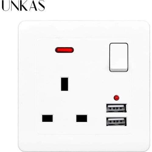 UNKAS 13A UK Standard Switch Gold Socket Plastic And Stainless Panel 2.1A Black Dual USB Fast Charger Port LED Indicator Outlet