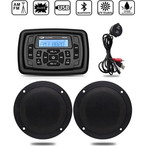 Waterproof Marine Radio Audio Stereo Boat Bluetooth Media Receiver MP3 Player+4" Marine Speaker+USB Cable For RV UTV Golf Cart