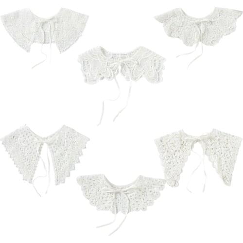Women Lolita Decorative Fake Doll Collar Lace Shawl Capelet Hollow Out Embroidery Dickey Mini Cape Self-Tie Ribbon Sheer Mesh Ne