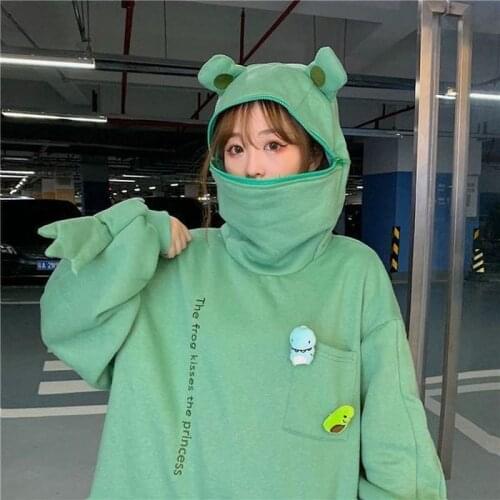 Harajuku Women Hoodie Frog Pullover Winter Sense Hooded Casual Sweatshirts Autumn Embroidery Loose Top Doll Decoration Hoodies