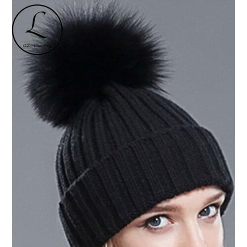 2017 Black Acrylic Winter Beanie Hat Women Real Silver Fox Fur Ball Hats Winter With Real Raccoon Fur Knitted Beanie Pom Pom Hat