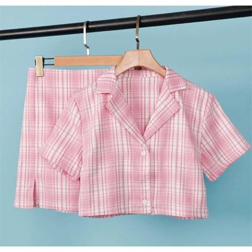Pink Plaid Notched Sweet 2 Piece Sets Women Short Sleeve Patchwork T-Shirt And Split Mini Skirt Set Summer Fashion Ladies Suits