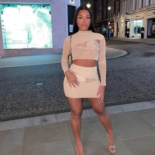 SEASONS Mesh Patchwork Women 2 Piece Set Long Sleeve Crop Top Mini Skirt See Through Sheer Sexy Club Spring Summer ASSU82459