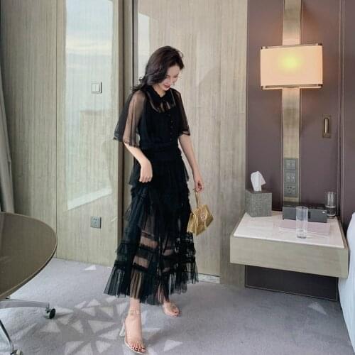 2020 New Summer Black Mesh Dress Woman Short Sleeve Lace Patchwork Casual Sweet Dress Ladies Cake Style Long Dress Women Elbise