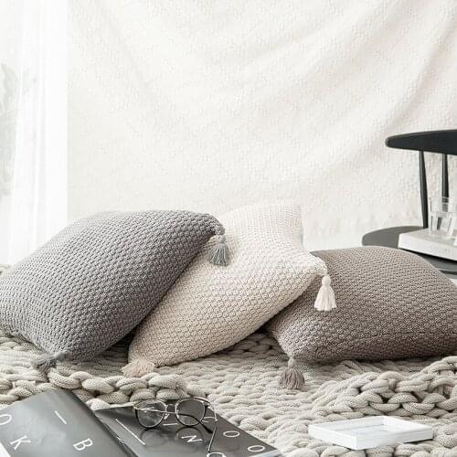 45x45CM beige/light green/grey/brown knitted cushion cover sofa lumbar pillowcase tassel warm wool thread woven pillow cover