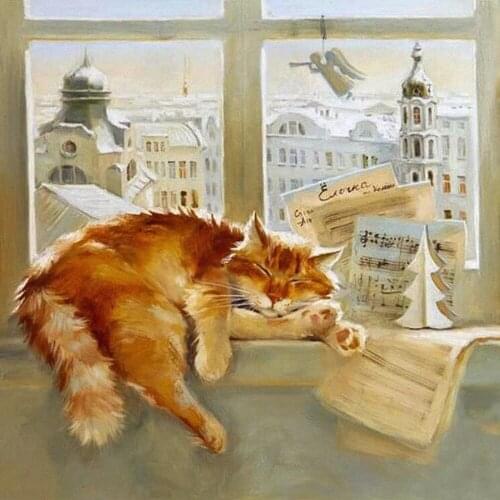 5D DIY Diamond Embroidered Full Square Diamond Mosaic "Window sill cat" Diamond Painted Cross Rhinestone