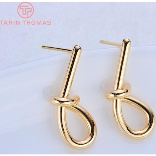 6PCS 23x9MM 24K Gold Color Plated Brass Long Line with Knot Stud Earrings High Quality DIY Jewelry Making Findings