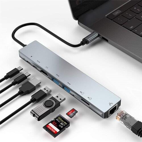 8 In 1 USB C Hub Adapter With Ethernet Port 4K Multiport SD TF Card Reader PD Charging Port For MacBook Pro Laptop Accessories