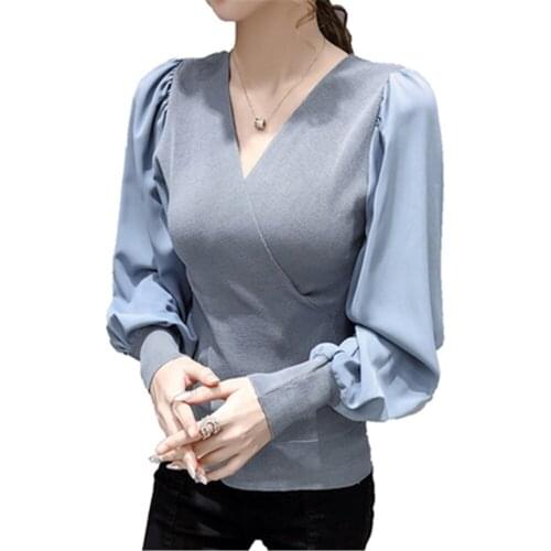 Long Puff Sleeve Elegant Women Slim V Neck Womens Sexy Tops Patchwork Slim Fit Blouse Women Autumn Spring 2020 New Shirt ZY5485