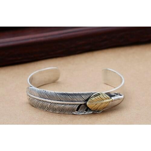 Mens Women Real 925 Sterling Silver feather Cuff Bracelet Punk fashion Jewelry A4599